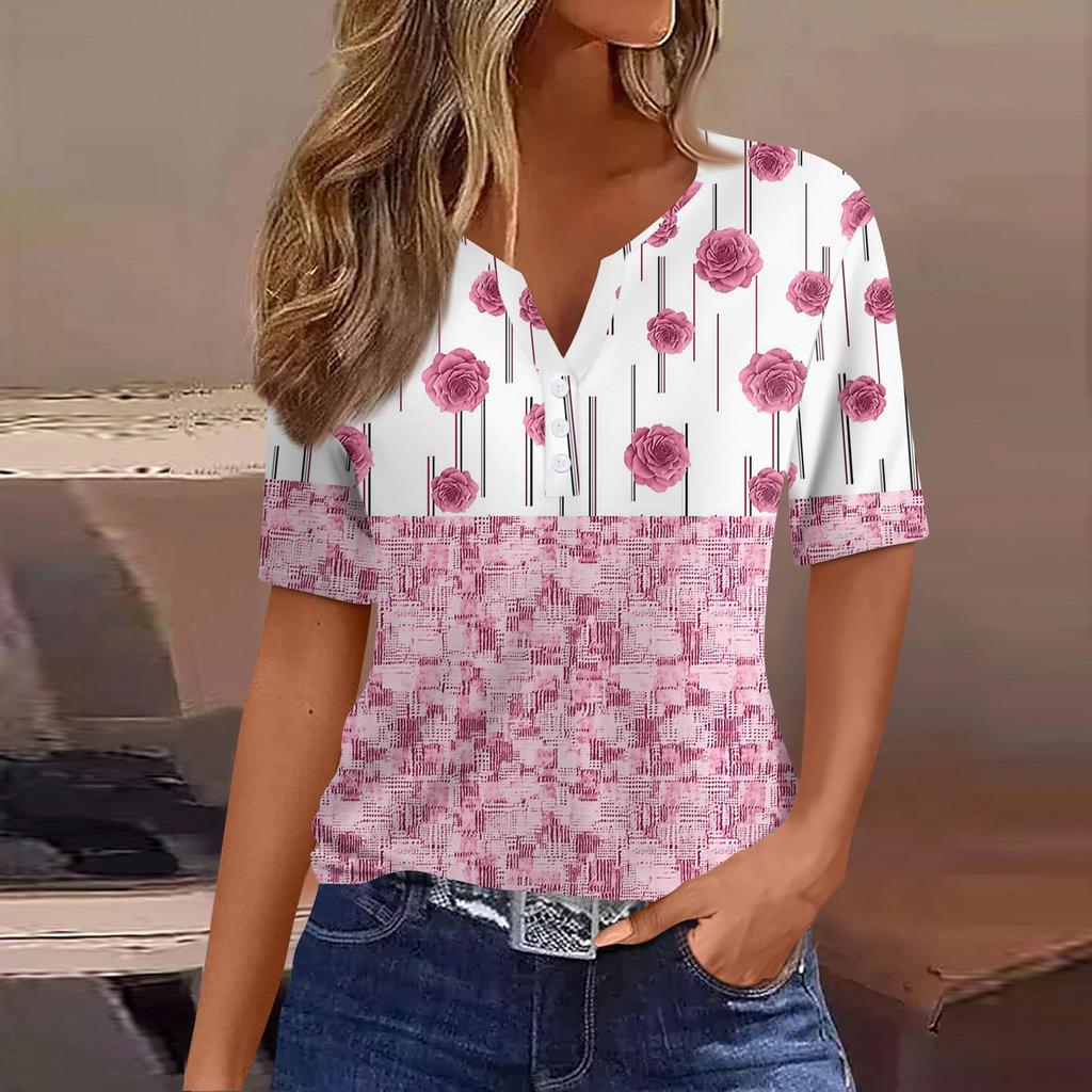 Жен. Футболка Футболка С принтом Пуговицы С короткими рукавами Повседневные Выходные Мода Классический V-образный вырез Обычный Верх