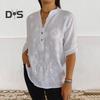 Women Shirt V-Neck Button Decor Half Sleeve Loose Fit Casual Shirt Flower Print Comfortable Versatile Tops