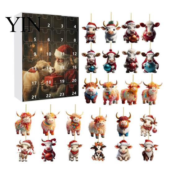 Decorative Acrylic Ornaments for Windows Doors Christmas Advent Calendar, 24 Day Countdown Box with Highland Cow Hanging Tree Pendants, Festive Decor,