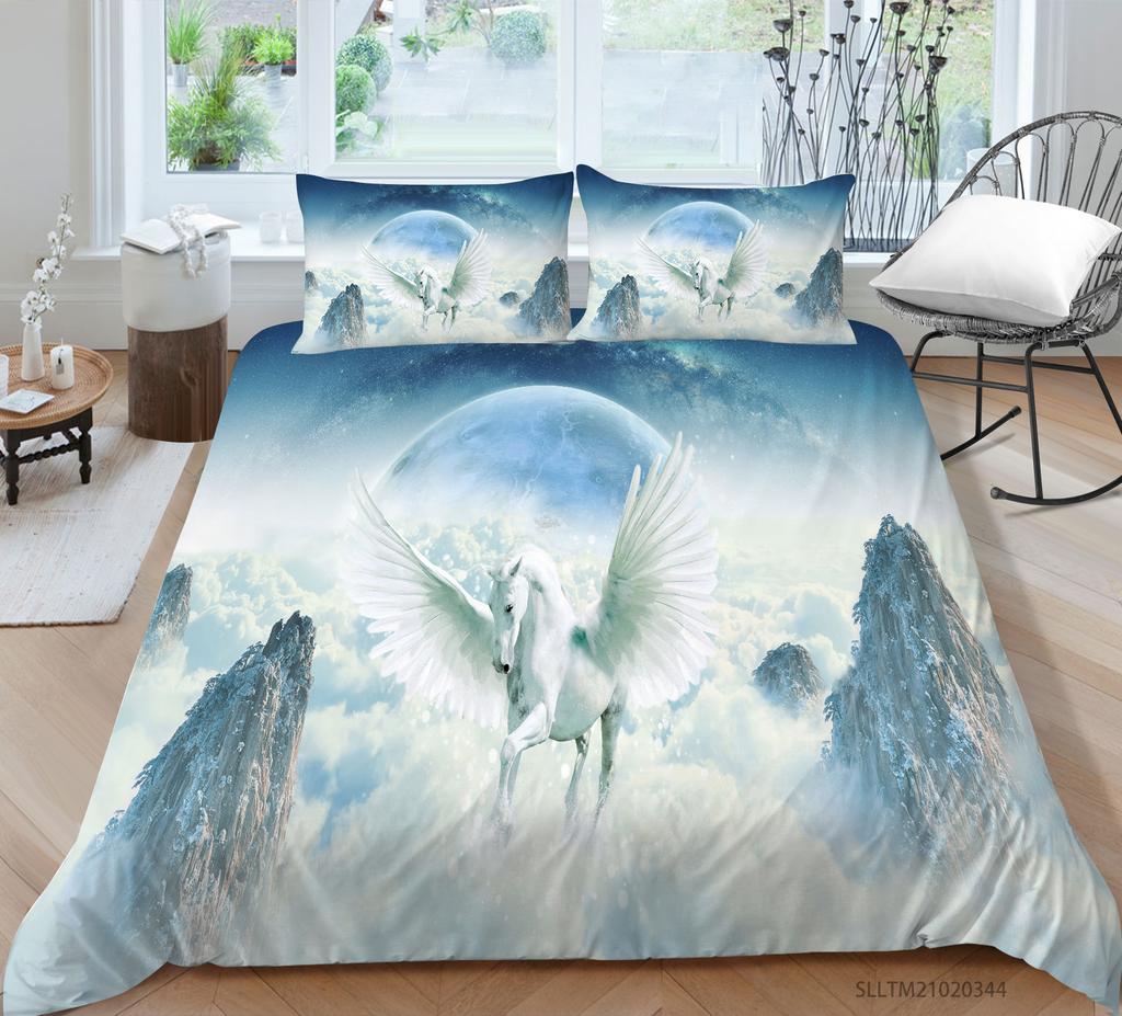 3D Unicorn Theme Bedding Set Cartoon Animal Duvet Cover and Pillow Case 2/3 Pieces Soft Home Decoration for Girls' Room
