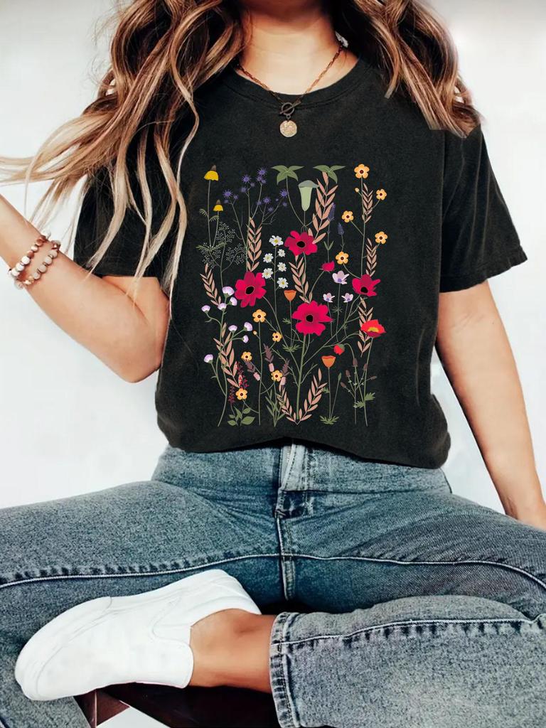 Floral Print Round Neck Short Sleeve Women's Summer T-Shirt