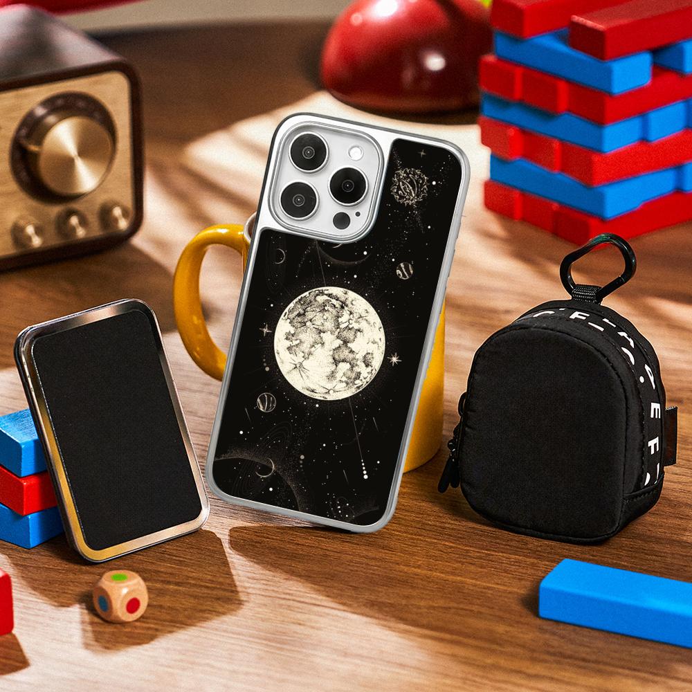 Moon Fashion art pattern design ins Phone Case for iPhone 16 15 14 13 12 11 Pro Max Sheepskin Silver-edged protective case