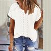 Solid Color Lace Hollow Pleated Top V-Neck Pullover Short Sleeved T-Shirt For Women