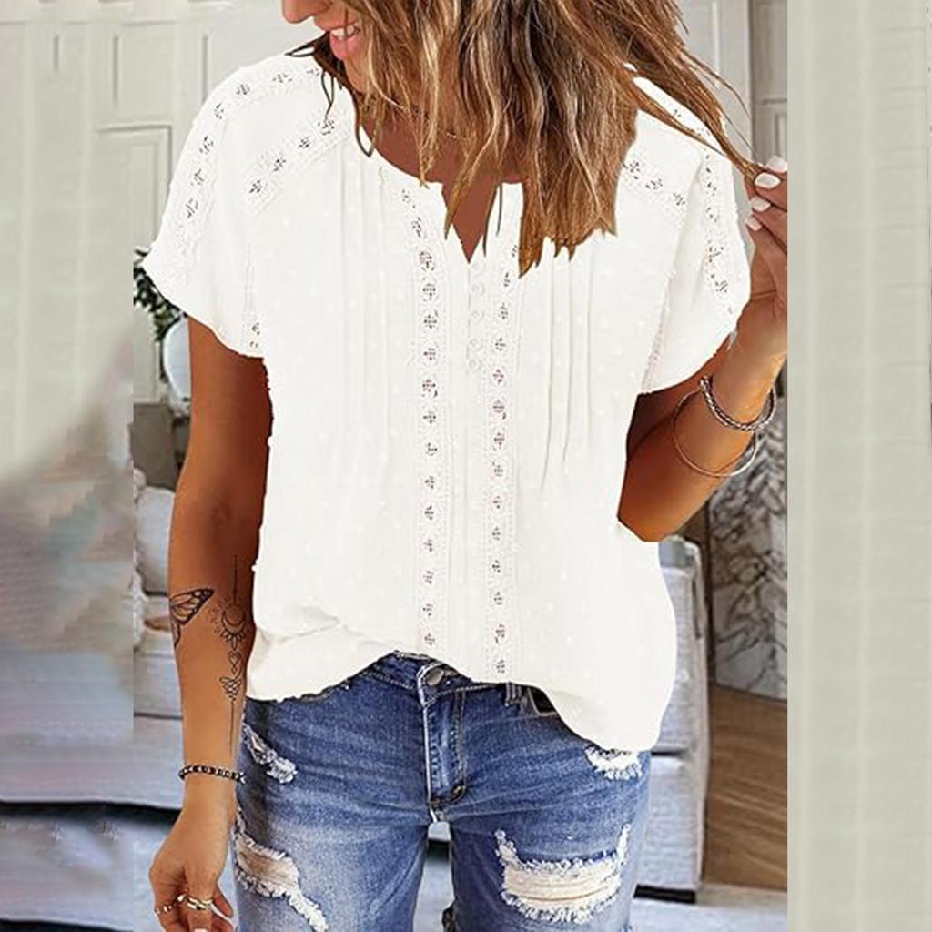 Solid Color Lace Hollow Pleated Top V-Neck Pullover Short Sleeved T-Shirt For Women