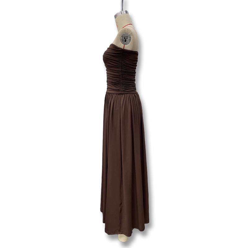 Женское strapless tube top макси-платье с драпированной талией однотонное струящееся в пол летнее повседневное для пляжного отдыха длинное платье