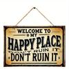 2D Flat Wooden 30*20cm Welcome To My Happy Place" Vintage Wooden Hanging Sign - Rustic Home, Bar, Cafe & Garage Wall Decor with Flax Rope, Distressed