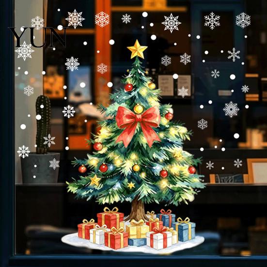 Festive Party Supplies Christmas Tree Static Window Sticker, Waterproof PVC Decal, Watercolor Home Holiday Accents Snowflake Glass Clings for