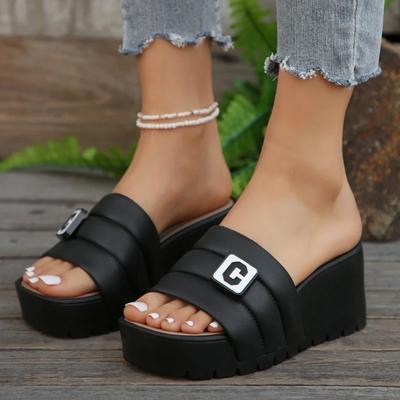 Новые летние пляжные тапочки женские с открытым носком модные толстые туфли с буквенным принтом в полоску на танкетке на высоком каблуке повседневные кожаные сандалии без застежек женские