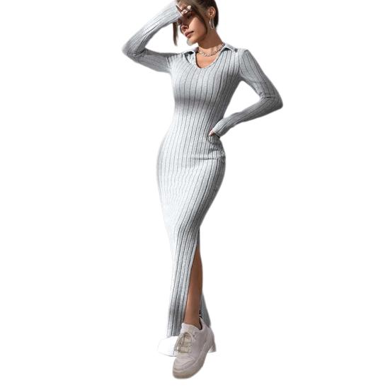 Женское платье весна-осень с V-образным вырезом, разрезом по низу, облегающим кроем, длинными рукавами, длиной до щиколотки, трикотажное эластичное платье макси для шопинга, свиданий, вечеринок