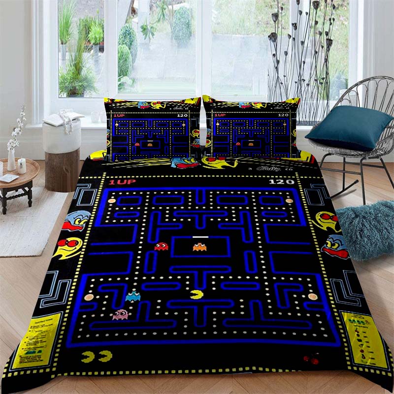 Детский развивающий постельный комплект с принтом Pac-Man, включающий пододеяльник и две наволочки, — идеальный праздни