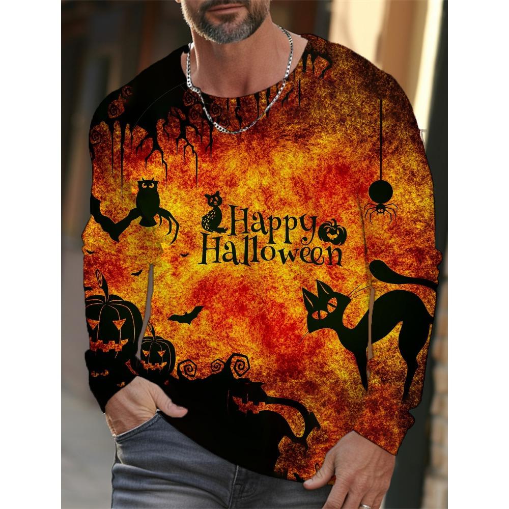Autumn and Winter Men's Long Sleeve Halloween 3D Printed Pumpkin Print T-Shirt Men's Streetwear Round Neck Long Sleeve