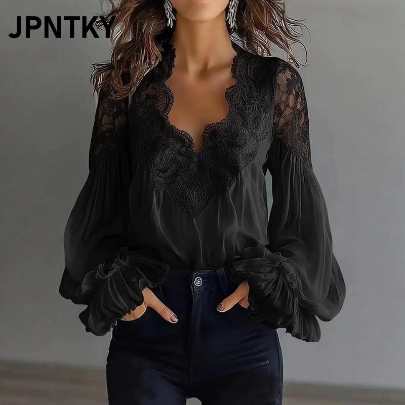 Женская модная повседневная блузка-рубашка JPNTKY, однотонная, с принтом, с длинным рукавом, V-образным вырезом