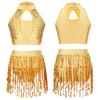 Girls Dance Outfits 2 Piece Sequins Crop Top with Fringe Shorts Set Modern Jazz Latin Salsa Costume Dancewear