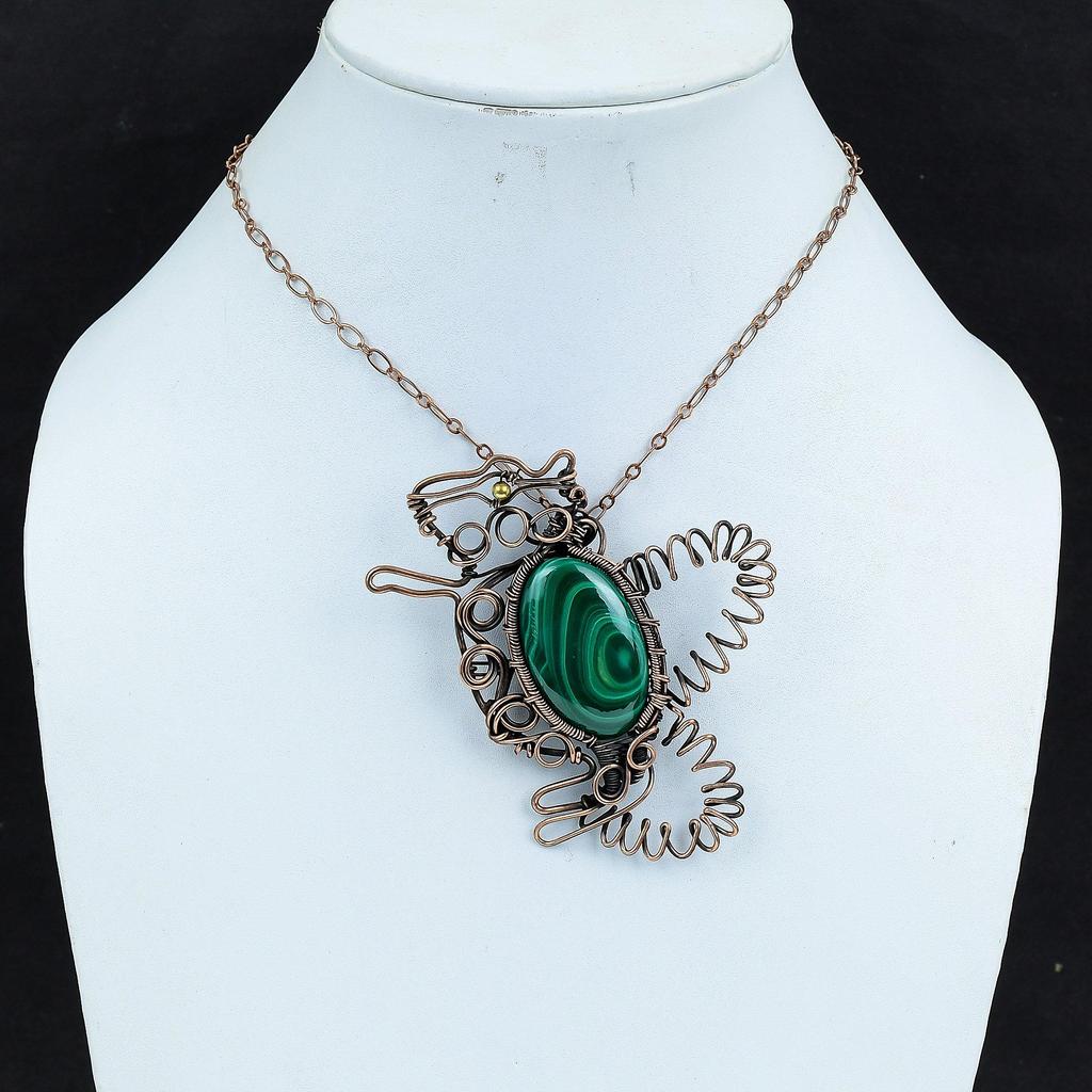 Кулон из малахитового драгоценного камня, обернутый медной проволокой, подвеска в виде кролика, кулон ручной работы, ювелирные изделия из медной проволоки, дизайнерская подвеска, подарки для женщин