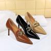 Fashion Retro Women Pointed Toe High Heel Wedding Pumps Luxury Designer Metal Chain Buckle Deep Mouth Stiletto Profession Shoes