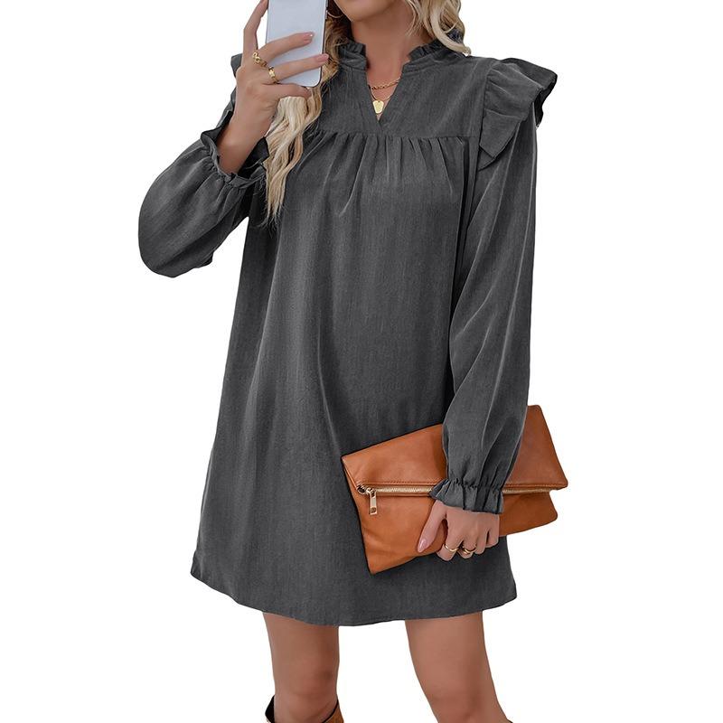 Women's Solid Color Ruffled Long Sleeve Loose Collar Dress