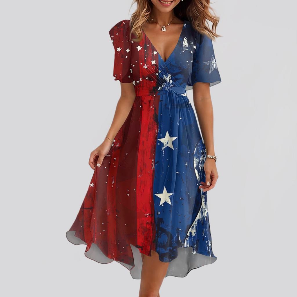 Women's Loose Casual V-Neck Flared Skirt Short Sleeved Printed Dress Printed Dress