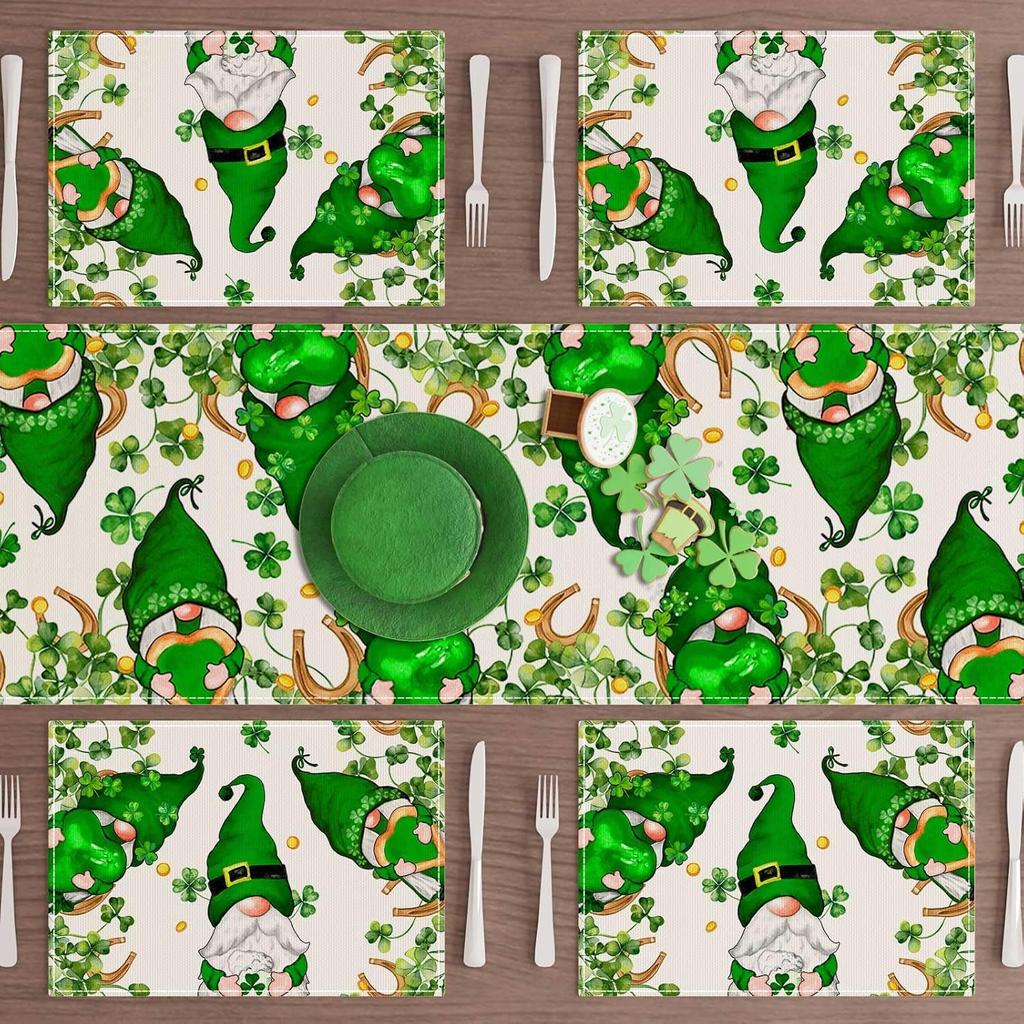 Gnomes Green Shamrocks Clovers Horseshoes St. Patrick's Day Placemats Set of 4 Table Mats for Party Home Kitchen Dining Table Decorations 12x18 Inch