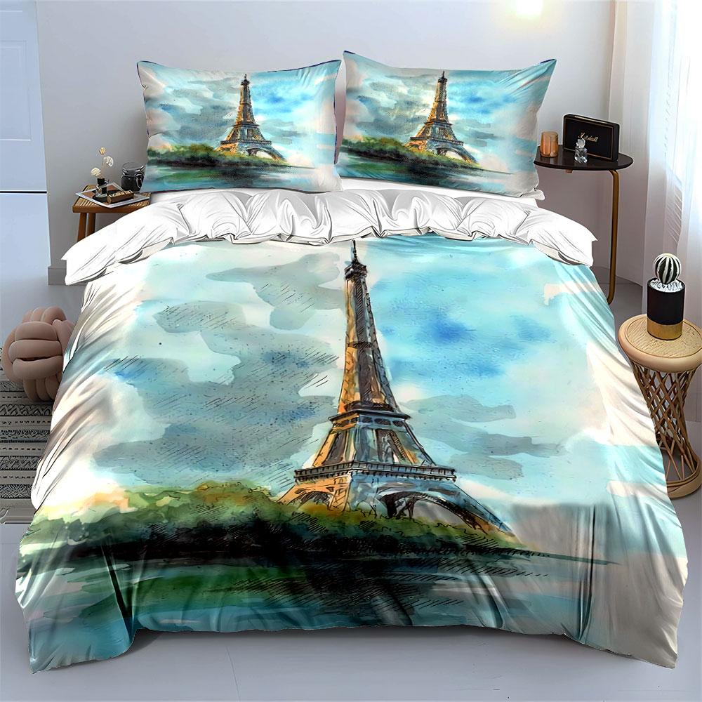 Watercolor Eiffel Tower Print Bedding Duvet Cover Set Duvet Cover Pillowcases (1*Duvet Cover 2*Pillowcases, without duvet insert)