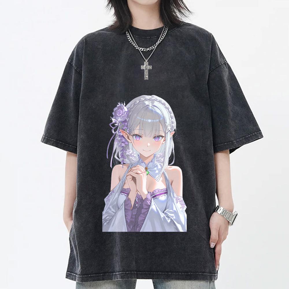 Re ZERO Начинаем жизнь с нуля в другом мире Эмилия Печатная Футболка Мужская Женская Стиранные Хлопковые Футболки Ретро Футболка Харадзюку Унисекс Футболка