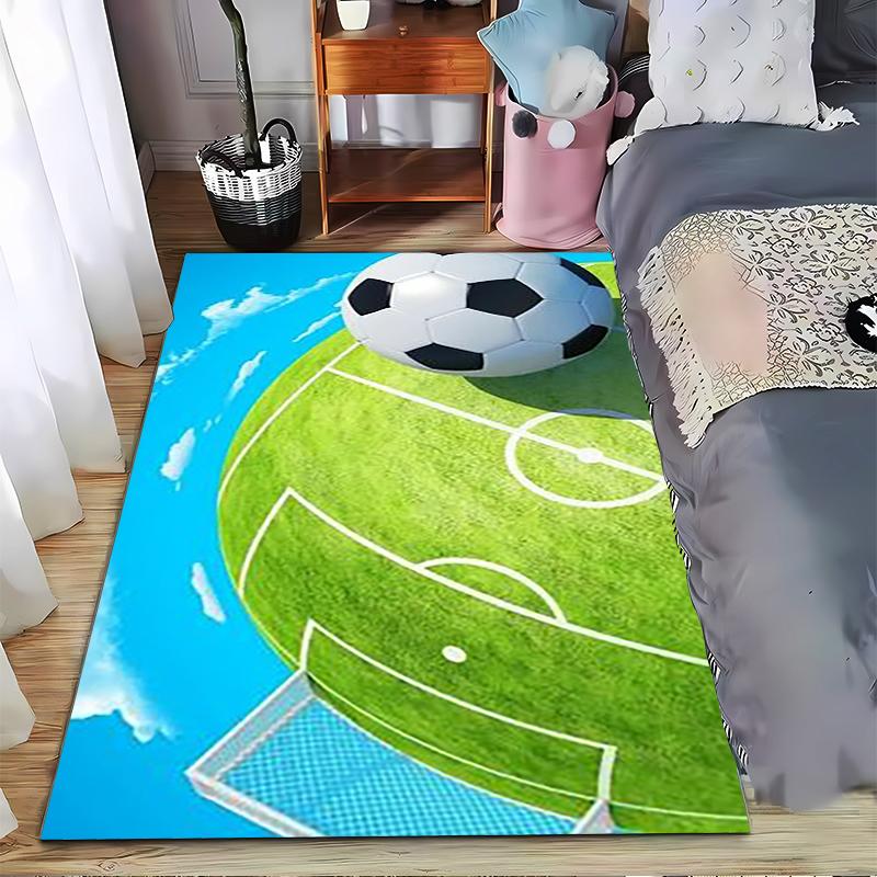 Soccer Field Theme Carpet with Ball Design, Green and Blue Art Suitable for use as an anti-slip for living room bedroom sofas