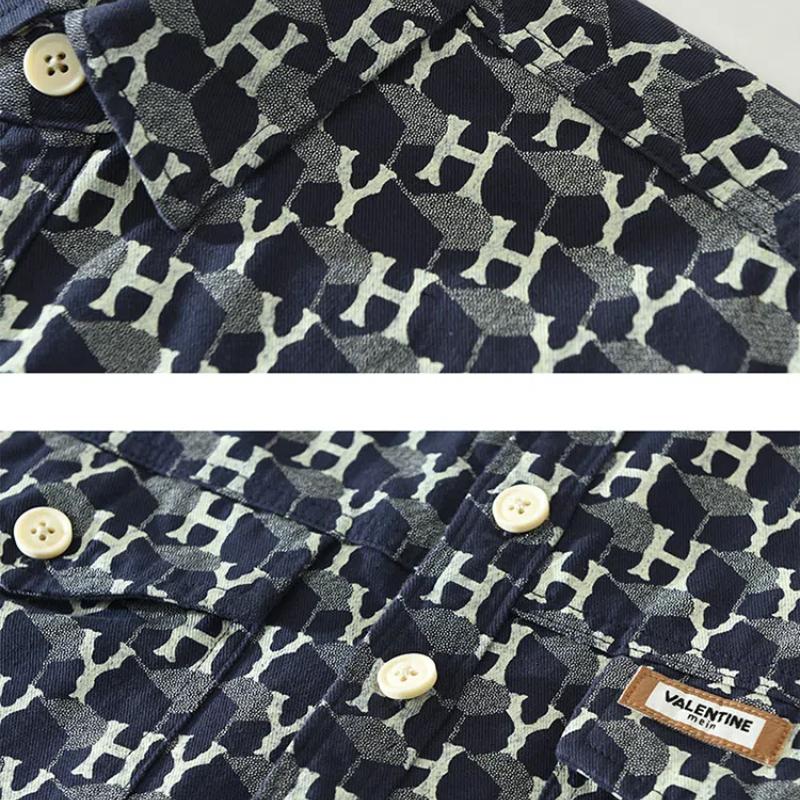 Новые модные мужские рубашки с длинным рукавом, весна и осень, уличная одежда, свободный верх, рубашки с двойными карманами и принтом, 100% хлопок, мягкая повседневная мужская одежда