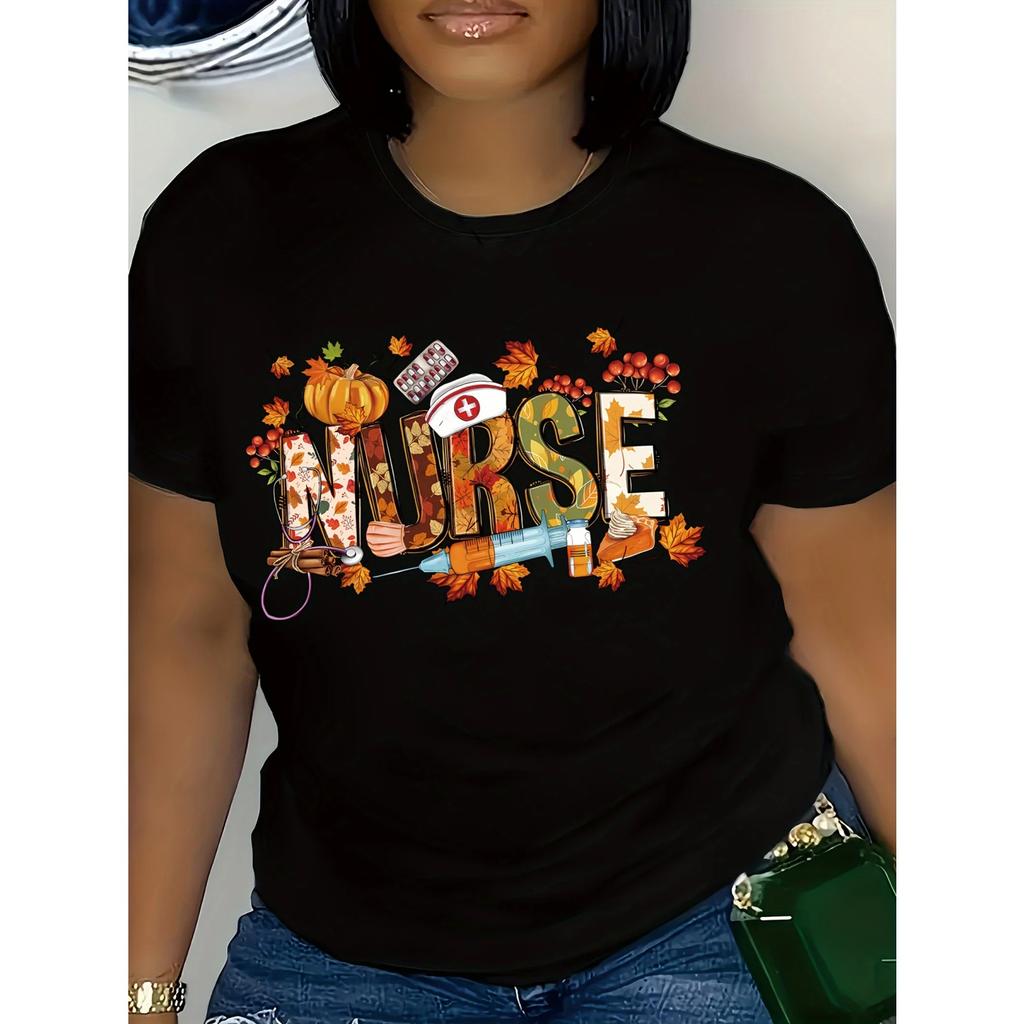 Thanksgiving Nurse-Themed Women's T-Shirt - Casual Short Sleeve Crew Neck Soft Polyester Machine Washable