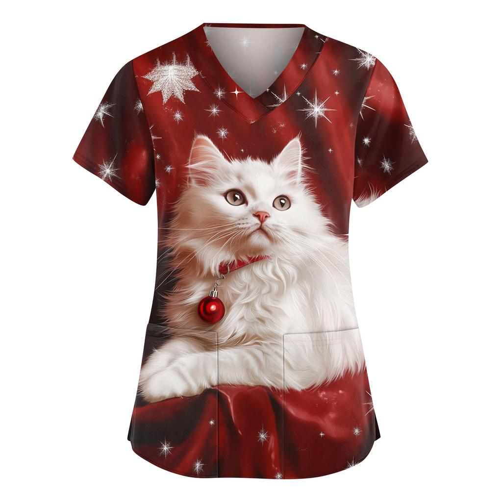 Женский модный рабочий топ с V-образным вырезом, рождественским принтом, короткими рукавами, карманом, боковым разрезом, базовый пуловер