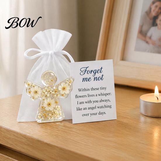 Small Angel Collectible Ornament Forget Me Not Dried Flower Keepsake, Mini Acrylic Pocket Hug Figurine, Commemorative Gift for Sympathy