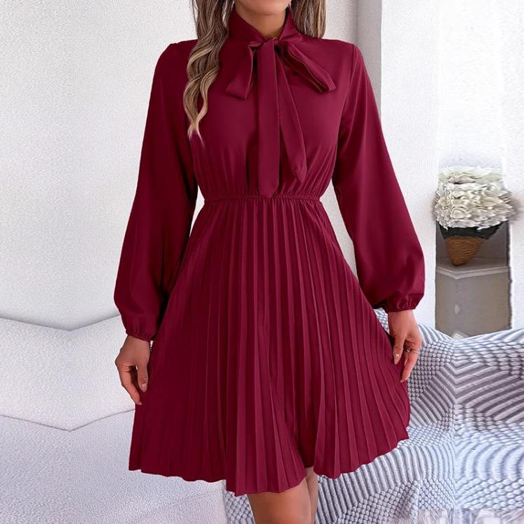 Элегантное осенне-зимнее женское платье на шнуровке с высокой талией, длинным рукавом и плиссировкой, однотонное