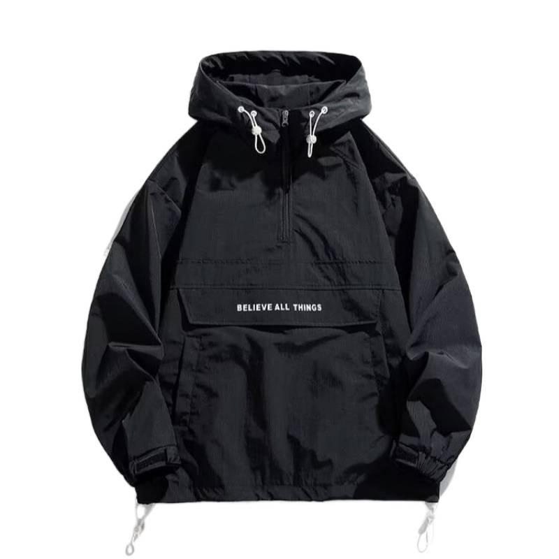 Men Hooded Half Zip Loose Workwear Jacket Spring Autumn