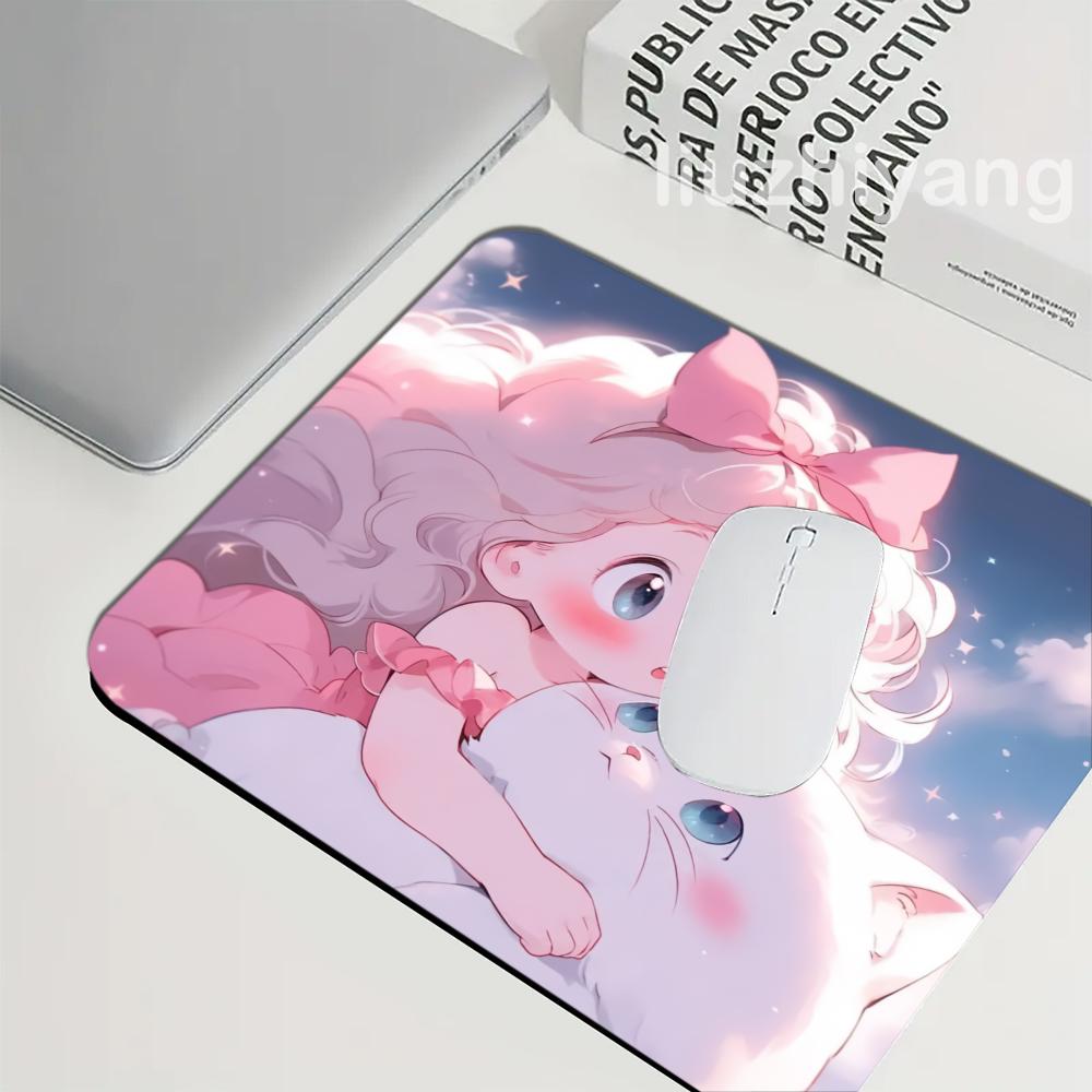 Kawaii Girl Cat Mouse Pad 40X45cm Large Square Computer Office Game Table Mats Rubber Anti-slip Mousepads Small Decor Desk Pads