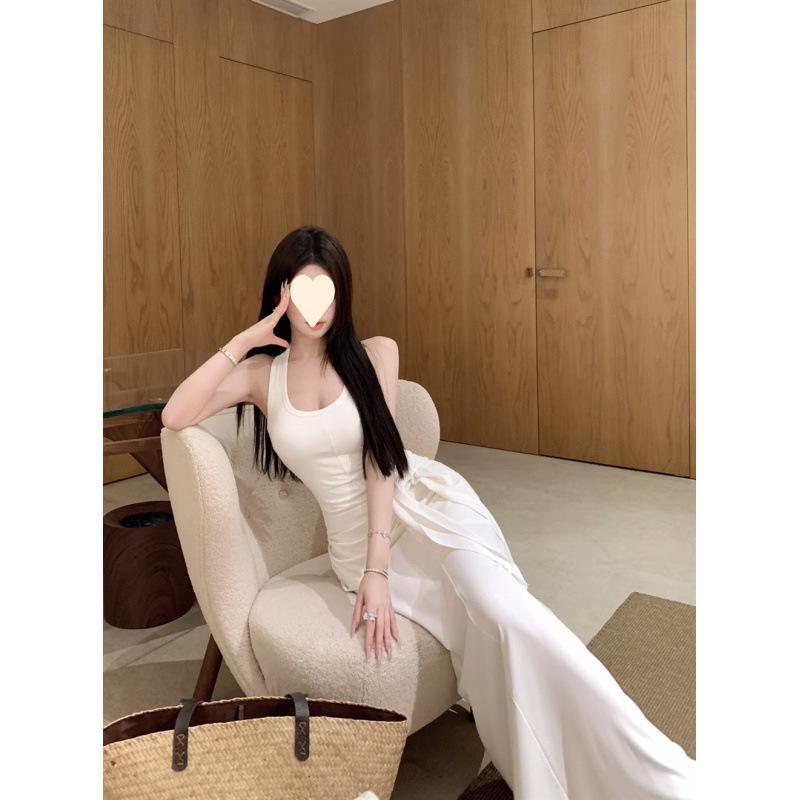 Черное sleeveless I-образное платье-жилет с U-образным вырезом женское летнее spice girl талия узкая юбка темперамент бедра облегающее длинное платье