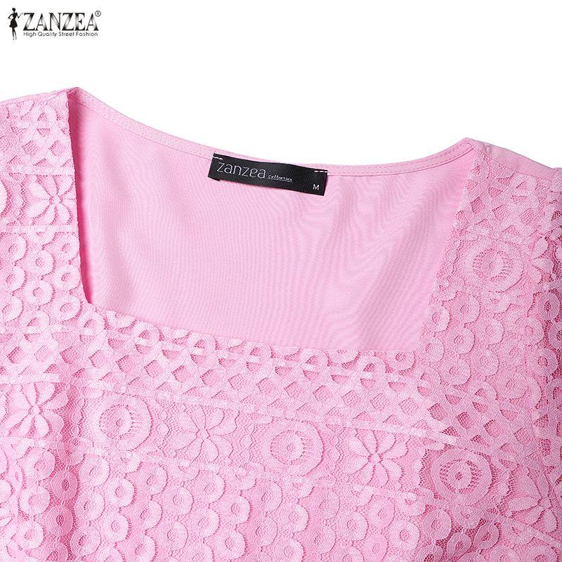ZANZEA Женское летнее повседневное платье с коротким рукавом, квадратным вырезом, лоскутным кружевом