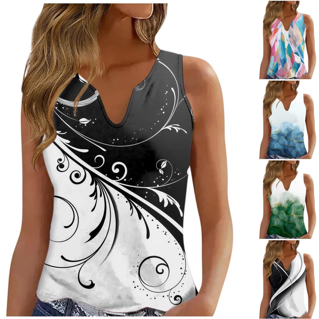 Women's Fashion V-neck Vest Loose Vintage Print Sleeveless Top T-shirt