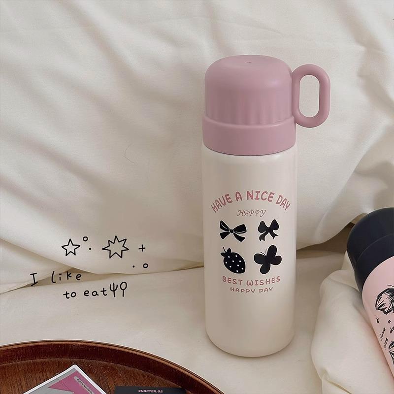Girls Heart Student Vacuum Stainless Steel Thermos Cup Girls Bow Outdoor Thermos Cup Double Drinking Straw Water Cup