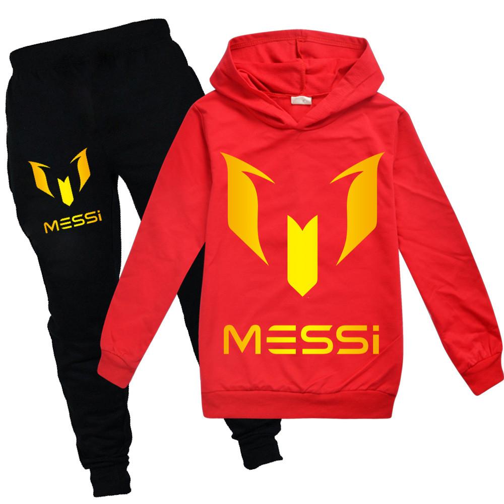 Messi Letter Print Cartoon Kids Hoodie And Pants Set With Cotton Fabric
