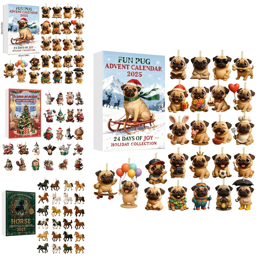 Christmas Pug Cat Horse Corgi Series Acrylic Advent Calendar With 24 Animal Figurines For Festive Decor