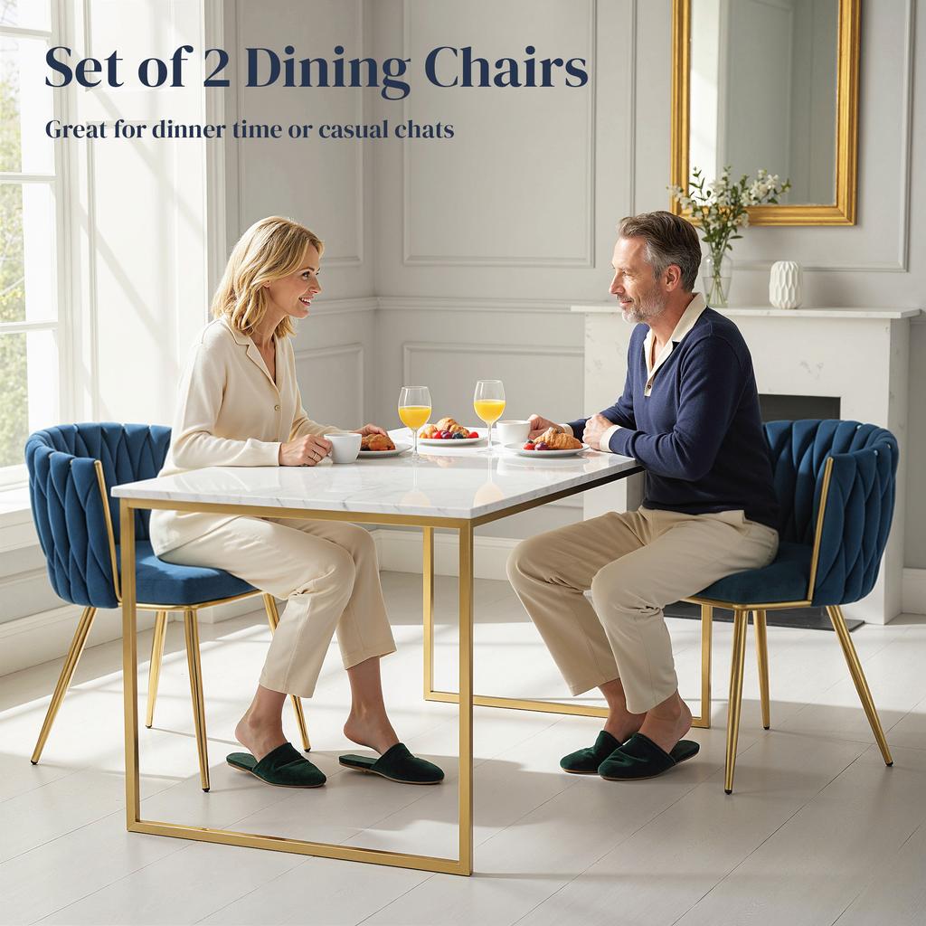 Velvet-Feel Dining Chairs Set of 2, Modern Upholstered Kitchen Chairs with Woven Backrest and Armrests, Metal Legs and Padded Seat for Dining Room