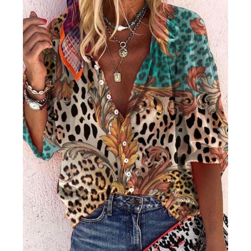 Летняя мода Стойка воротник Свободный крой На пуговицах Ретро принт Повседневные Рукава семь восьмых Женские блузки и рубашки