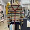 Contrasting Color Rainbow Stripe Knitted Cardigan Autumn and Winter New Fashion Temperament Age-reducing and Thin Long-sleeved Sweater