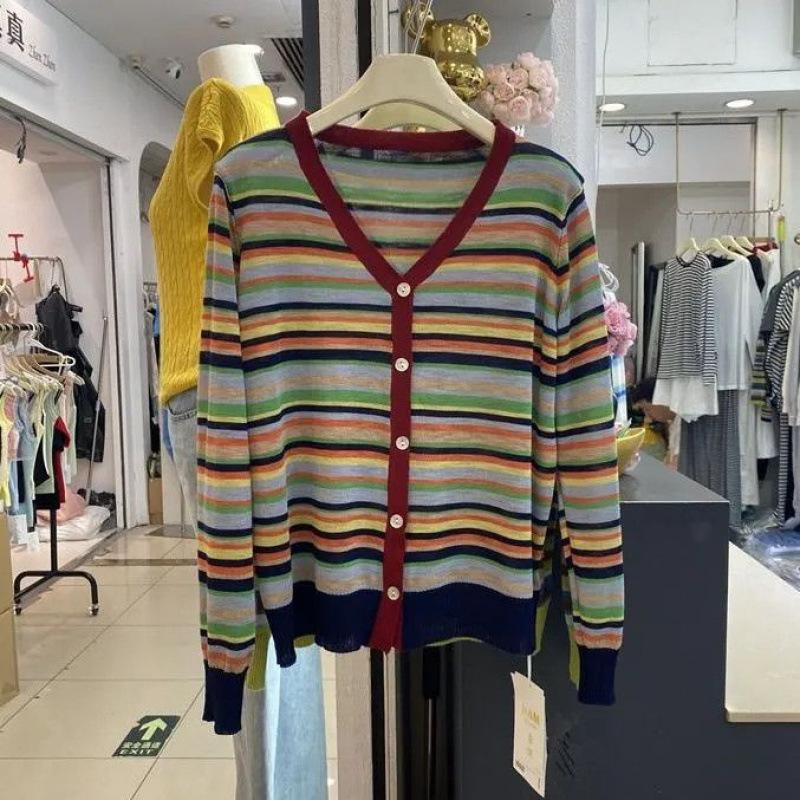 Contrasting Color Rainbow Stripe Knitted Cardigan Autumn and Winter New Fashion Temperament Age-reducing and Thin Long-sleeved Sweater