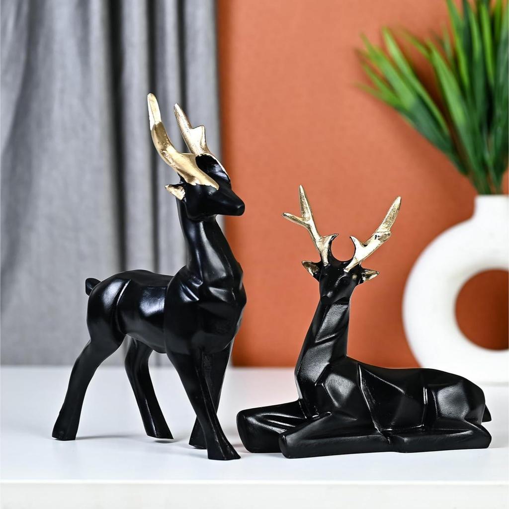 Набор из 2 элегантных оленей | Искусно выполненные статуэтки хиранов для декора дома и офиса, вдохновленные природой, идеально подходят для подарка любителям природы и друзьям (черный)