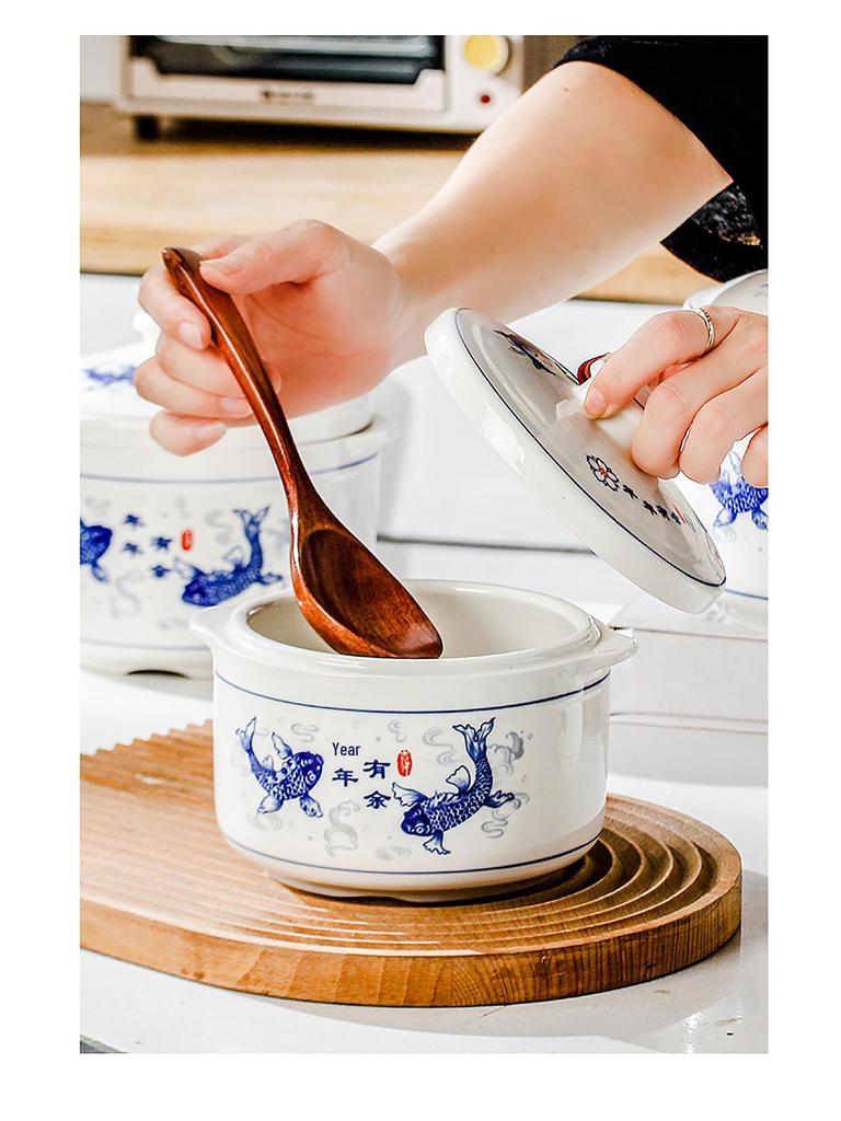 Blue & White Ceramic Double-Boiler Stew Pot with Lid, High Temperature Resistant, Ideal for Bird's Nest Soup and Stews.
