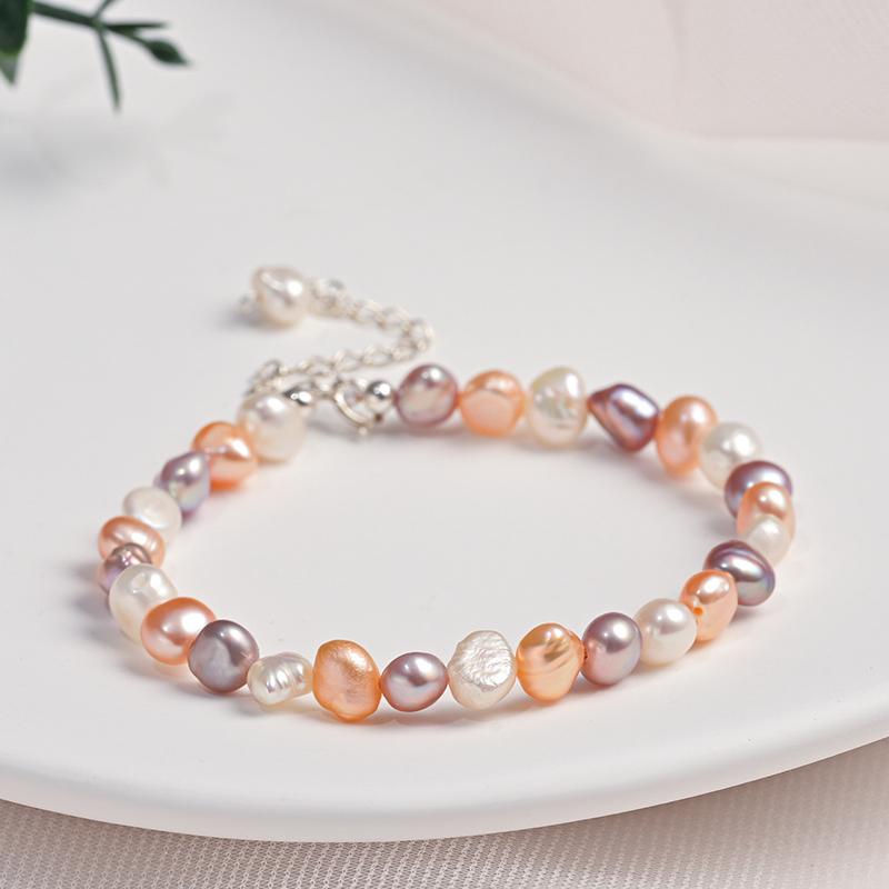 HENGSHENG AAA Freshwater 5-6mm Candy Mix Color Pearl Baroque Bracelet 925 Sterling Silver Fine Jewelry Gifts for Women Girls