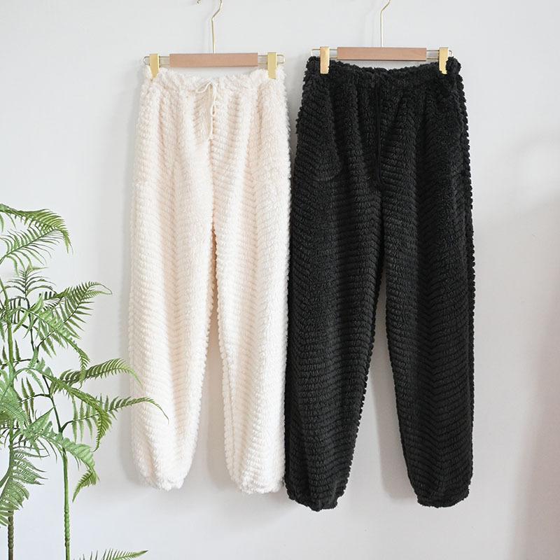 Winter Couple Fleece Pajama Pants Thick Warm Solid High Waist Cinched Fleece Lounge Pants for Home & Outdoor Wear