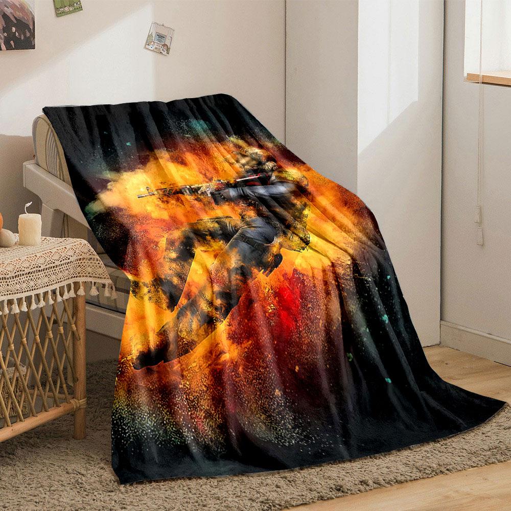 A soldier mid-action surrounded by fiery, explosive orange effects. for all seasons blanket lunch break throw gift