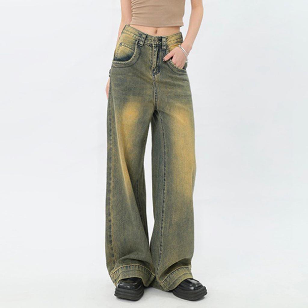 American Retro Distressed Yellow Mud Wide-leg Jeans For Women Fall New High Waist Loose Personality High Street Straight Pants
