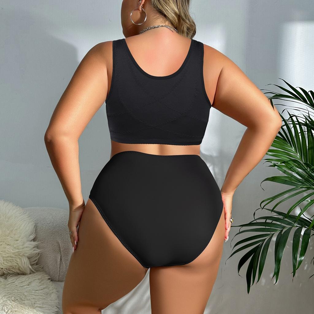 Plus Size Lace Front Closure Bra & High Waist Panty Set, Racerback Supportive Lingerie for Women