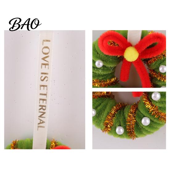 Santa Claus Hanging Decor Handmade Pipe Cleaner Christmas Wreath Ornament, Chenille Stems Mini Small Garland Crafts with Bow Bells for Holiday Window